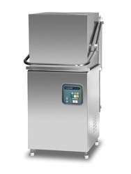 Hooded dishwasher for tableware with water drain pump, hydraulically lifted ZKU.10.20EP