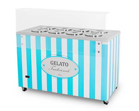 Ice cream distributor | ice cream display case | canner | retro | 8 tubes | round trays | 1283x670x895 mm | GELATO POZETTI 8 BLUE