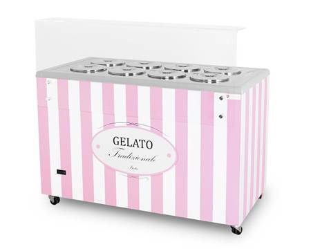Ice cream distributor | ice cream display case | canner | retro | 8 tubes | round trays | 1283x670x895 mm | GELATO POZETTI 8 PINK